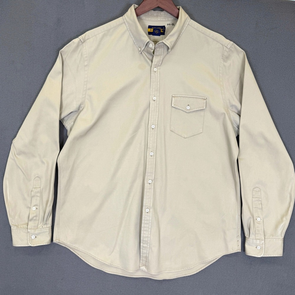 Ralph Lauren Rugby Shirt Men XL Khaki Cotton Twill Flap Chest Pocket Long Sleeve